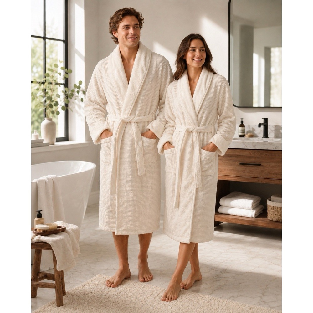 Serena & Lily Unisex White Waffle Cotton Bath Robe Size S Turkish Spa 49.5"